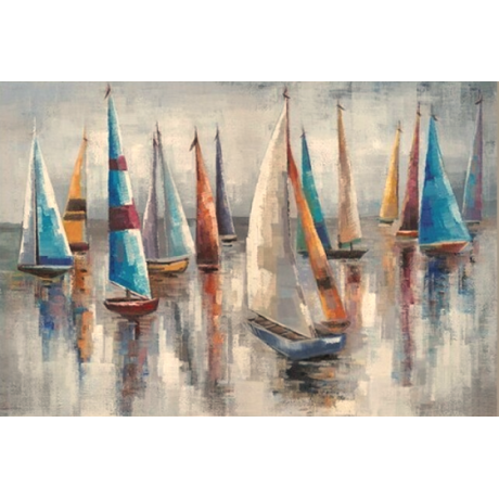 Quadro Pintura Óleo Panorâmico Barcos 120x80